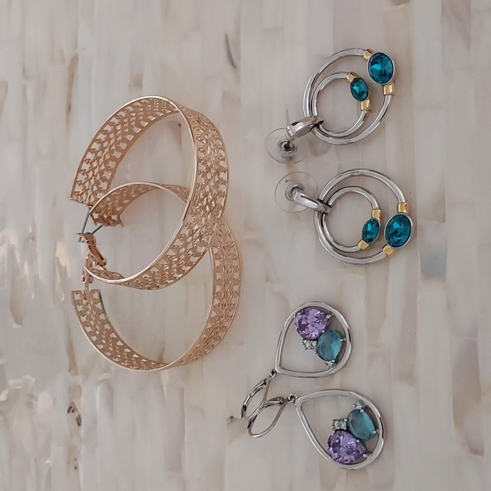 Lot of 3 earring sets:2-inch Hoops, Aqua & Purple teardrop, Circular turquoise